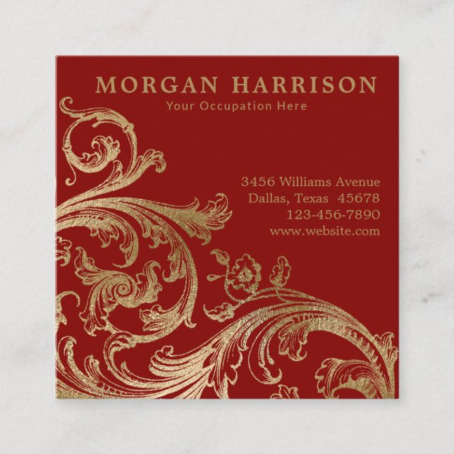 Red Gold Damask Baroque Swirl Square Business Card (Front)