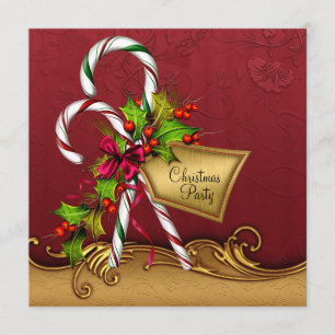 Red Gold Damask Candy Canes Christmas Party Invitation