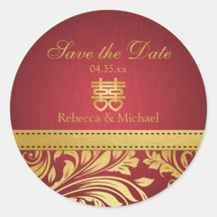 Red & Gold Damask, Chinese Double Happiness Classic Round Sticker