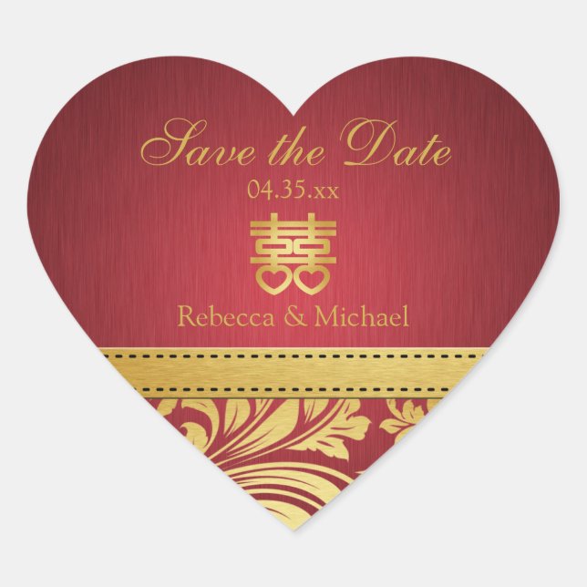 Red & Gold Damask, Chinese Double Happiness Heart Heart Sticker (Front)
