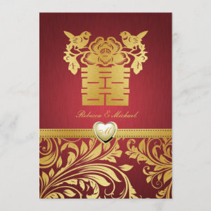 Red & Gold Damask, Chinese Double Happiness Invite