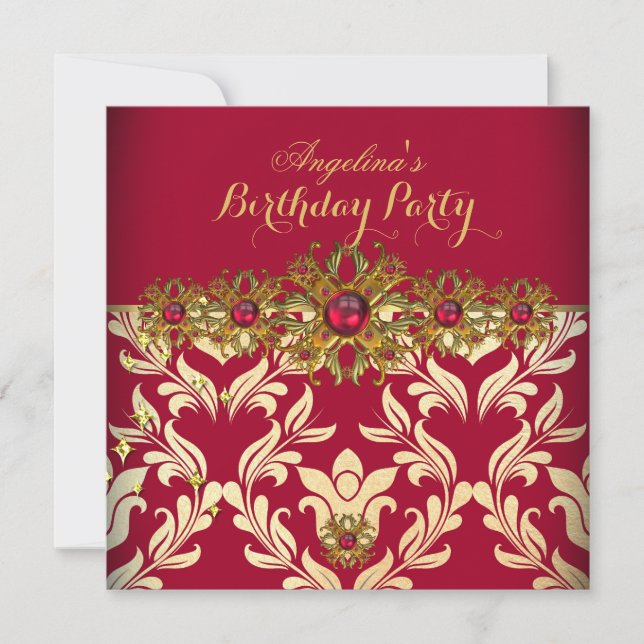Red Gold Damask Elegant Birthday Party Invitation (Front)