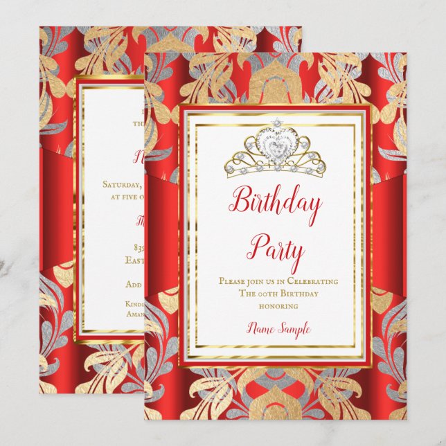 RED Gold Damask Grey Tiara Birthday Party Invitation (Front/Back)