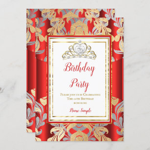 RED Gold Damask Grey Tiara Birthday Party Invitation