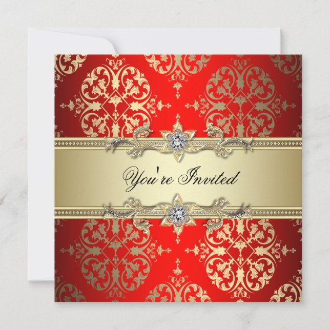 Red Gold Damask Party Invitation (Front)