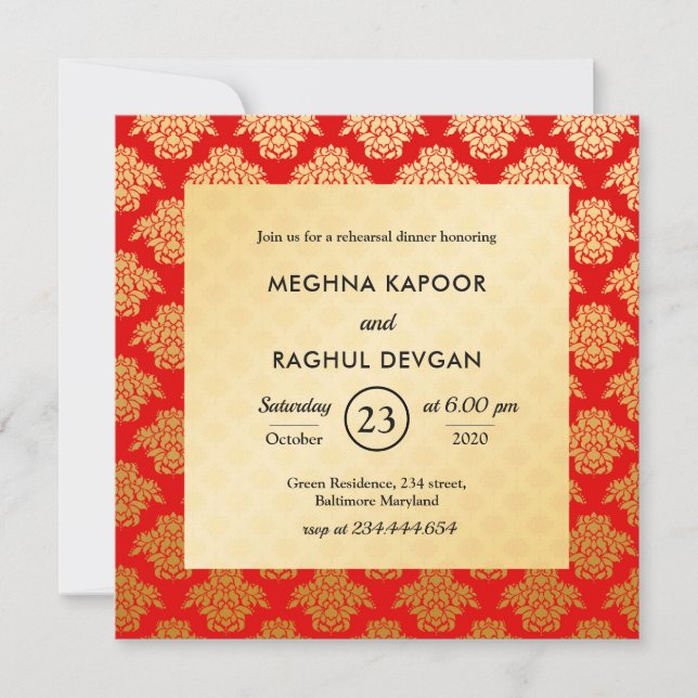 Red Gold Damask Pattern Indian Rehearsal Dinner Invitation (Front)