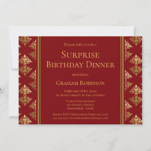 Red Gold Damask Surprise Birthday Dinner Invitation