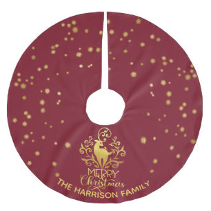 Red Gold Deer Merry Christmas  Brushed Polyester Tree Skirt
