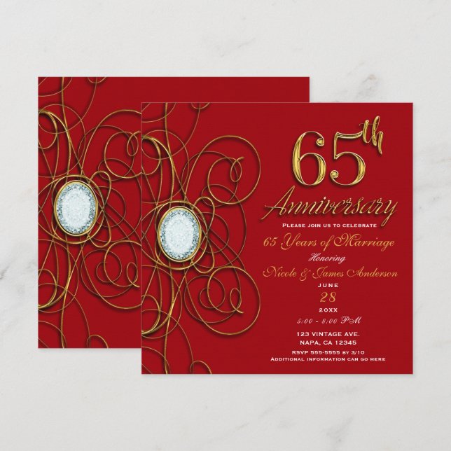 Red & Gold Diamond 65 65th Anniversary Invitation (Front/Back)