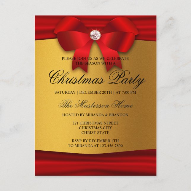 Red, Gold & Diamond  Christmas Party Invitation Postcard (Front)