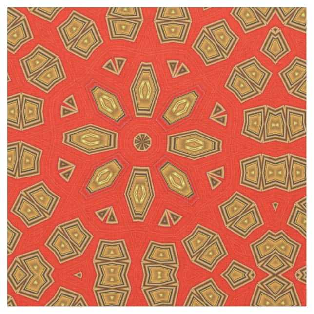 Red Gold Diamond Circular Pattern Fabric (Close Up)