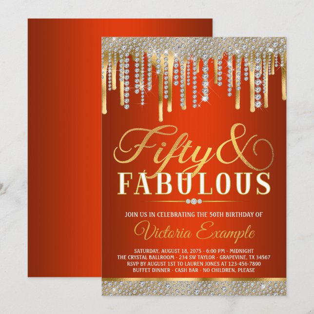 Red Gold Diamond Drip Fabulous 50 Birthday Party Invitation (Front/Back)