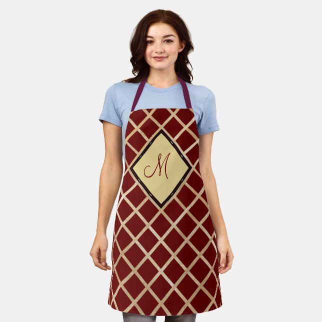 Red Gold Diamond Geometric Pattern Monogram Apron (Worn)