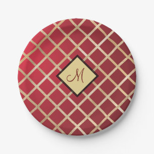 Red Gold Diamond Geometric Pattern Monogram Paper Plate
