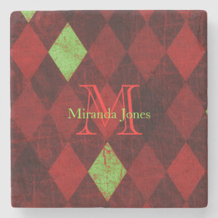 Red Gold Diamond Pattern Monogram Stone Coaster