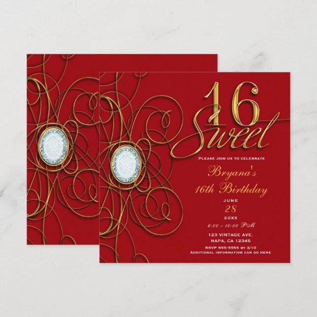 Red & Gold Diamond Sweet 16 Birthday Invitation (Front/Back)