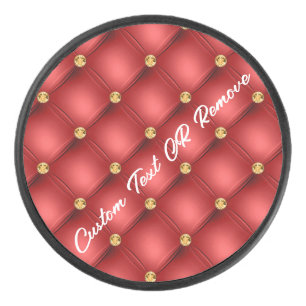 Red Gold Diamond Tufted Custom Text Hockey Puck