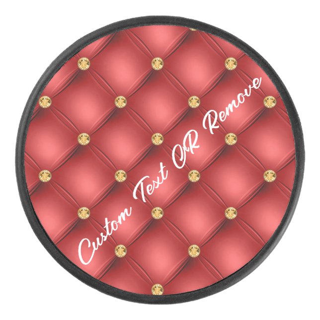 Red Gold Diamond Tufted Custom Text Hockey Puck (Front)