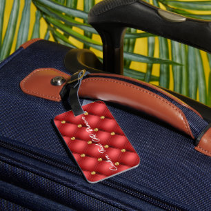 Red Gold Diamond Tufted Custom Text Luggage Tag