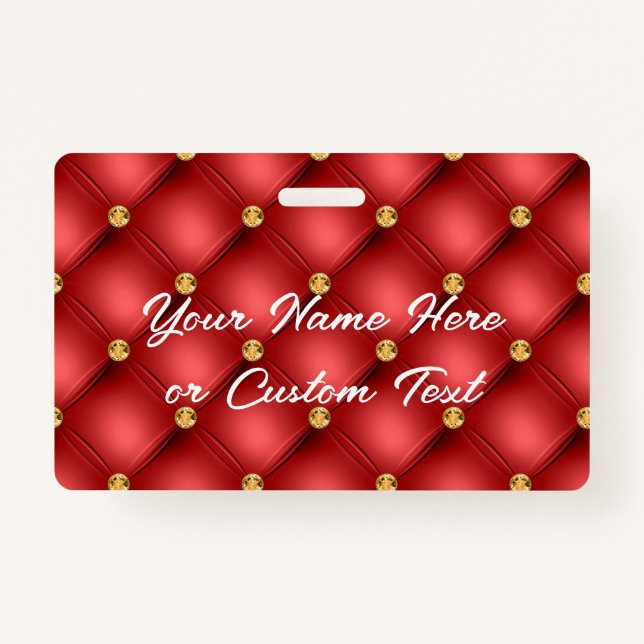 Red Gold Diamond Tufted Custom Text Name Badge ID Badge (Front)