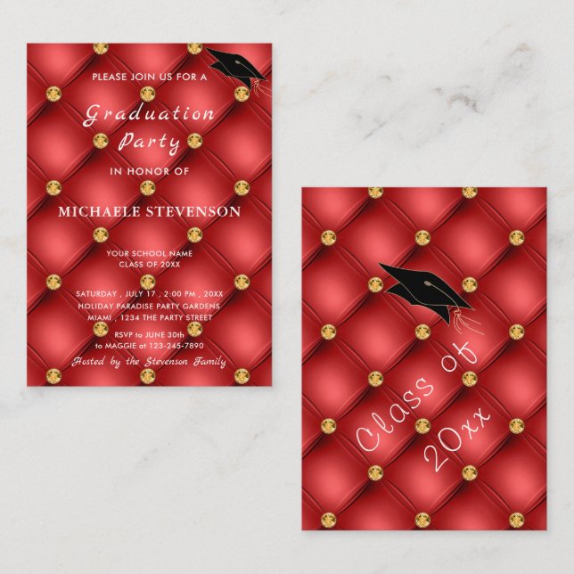 Red Gold Diamonds Tufted Graduation Invitation (Front/Back)