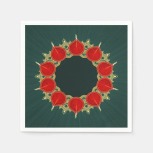 Red & Gold Diyas Mandala Diwali on Teal Napkin