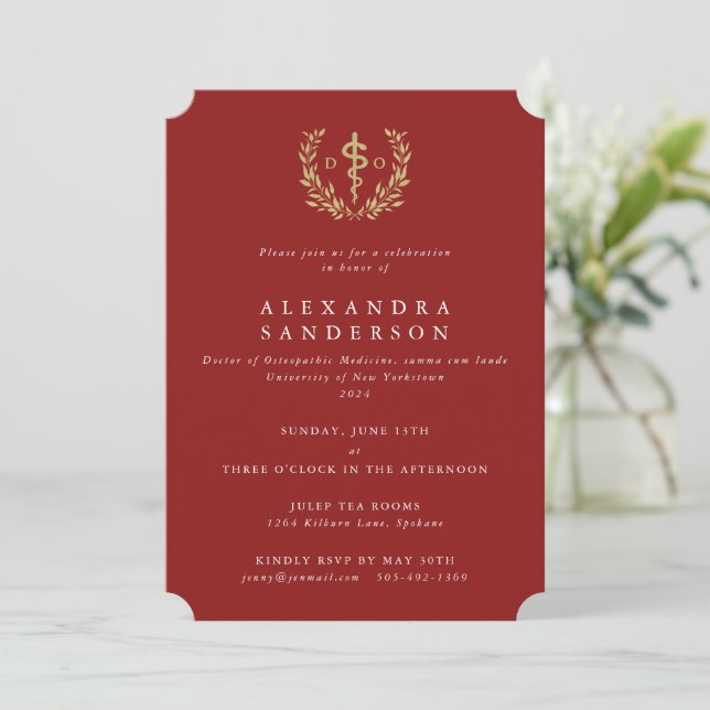 Red/Gold Doctor of Osteopathic Medicine Graduation Invitation (Standing Front)