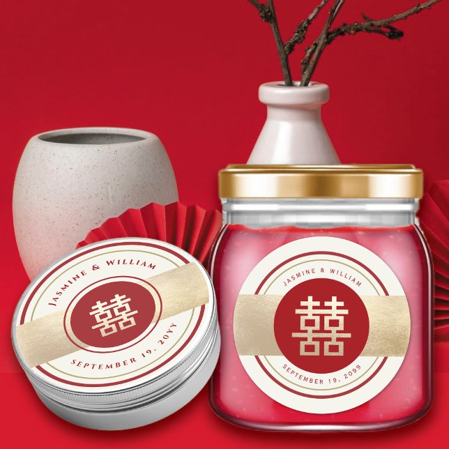 Red & Gold Double Happiness Chinese Wedding Favour Classic Round Sticker (Red/Gold Classic Circle Double Happiness Chinese Wedding Favor Round Sticker @ fatfatin_red_knot)