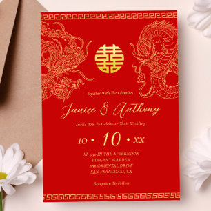 Red gold dragon phoenix Chinese wedding Invitation