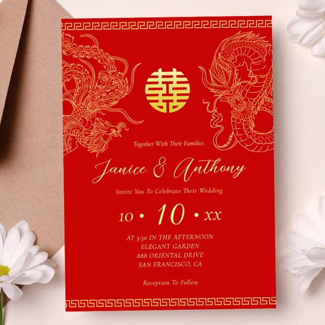 Red gold dragon phoenix Chinese wedding  Invitation (Creator Uploaded)