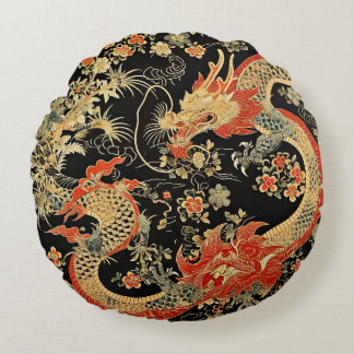 Red & Gold Dragon Round Pillow
