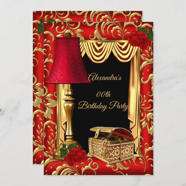 Red Gold Drapes Roses lamp box Birthday Party Invitation (Front/Back)
