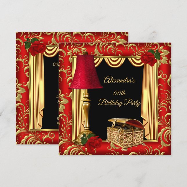 Red Gold Drapes Roses lamp jewel box Birthday Invitation (Front/Back)