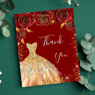 Red gold dress floral birthday thank you card