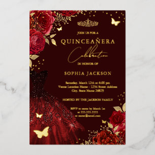 Red Gold Dress Floral Butterfly Quinceanera