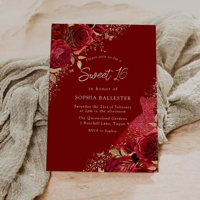 Red & Gold Dress & Roses Sweet 16 Party Invitation (Creator Uploaded)