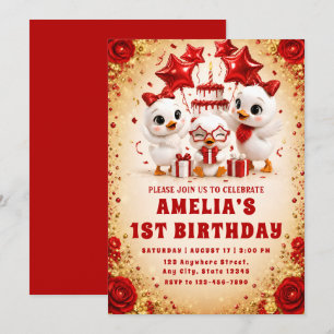 Red Gold Duckling 1st Birthday Invitation