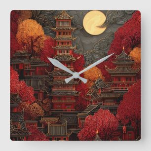 Red & Gold East Asian Pagoda Moonlit Landscape Square Wall Clock