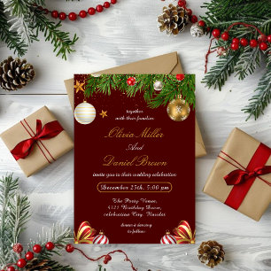 Red,Gold Elegant Christmas holiday winter Wedding Invitation