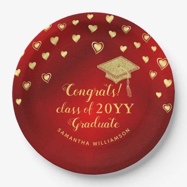 Red Gold Elegant Congrats Class of 2025 Graduate Paper Plate (Front)