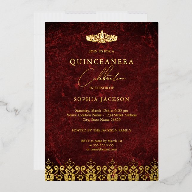 Red Gold Elegant Damask Tiara Quinceanera  (Envelope)