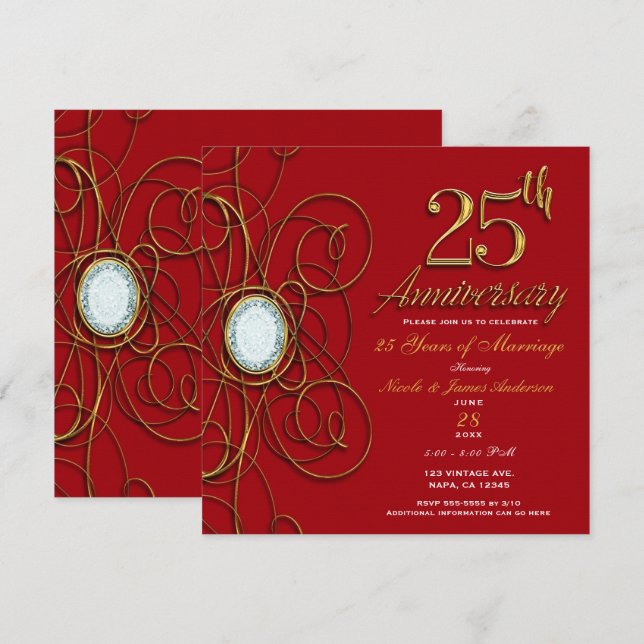Red & Gold Elegant Diamond 25 25th Anniversary Invitation (Front/Back)