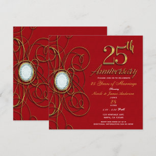 Red & Gold Elegant Diamond 25 25th Anniversary Invitation