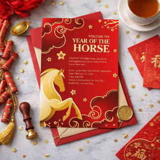 Red Gold Elegant Lunar New Year Horse Invitation