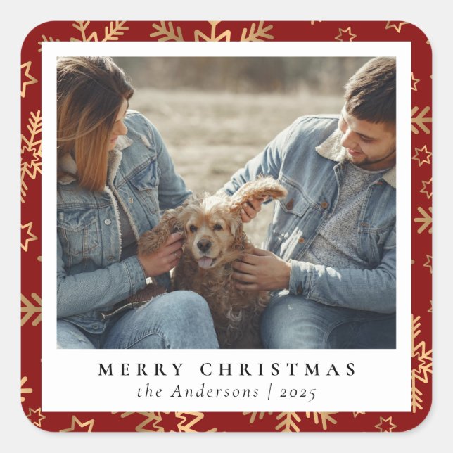 Red Gold Elegant Merry Christmas Custom Photo Square Sticker (Front)