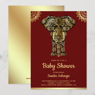 Red Gold Elephant Indian Baby Shower Invitation