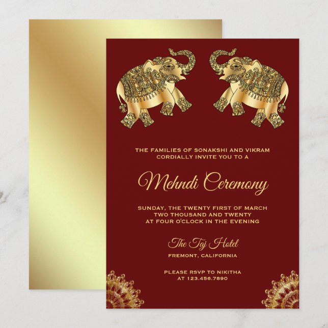 Red Gold Elephants Indian Henna Mehndi Ceremony Invitation (Front/Back)