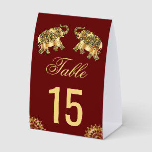 Red Gold Elephants Indian Wedding Table Number