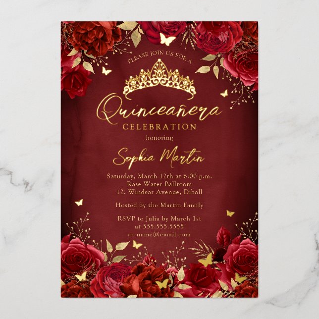 Red Gold Enchanting Floral Butterfly Quinceanera (Front)