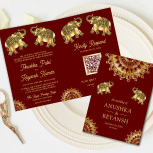 Red Gold Ethnic Elephants Indian QR Code Wedding  Invitation